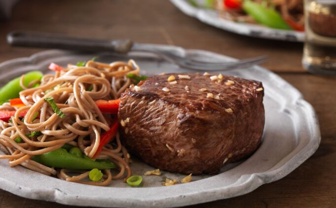 Asian Strip Filets with Soba Noodle and Vegetable Salad