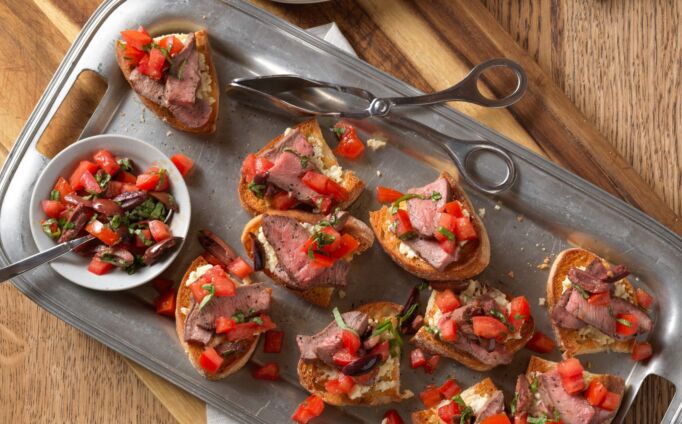 Beef Bruschetta with Roasted Garlic-Feta Spread