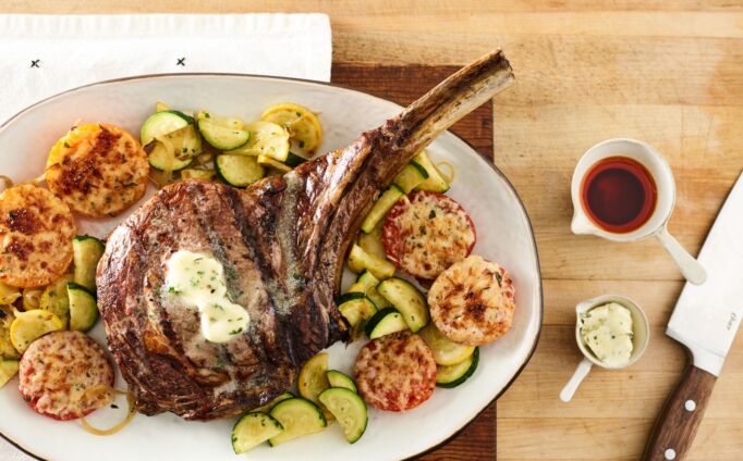 Grilled Beef Ribeye Steak with Parmesan Tomatoes and Squash