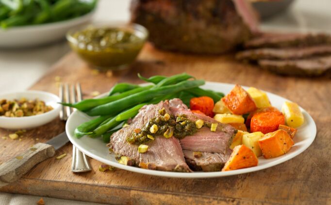 Herb-Crusted Beef Roast with Pistachio-Leek Pesto