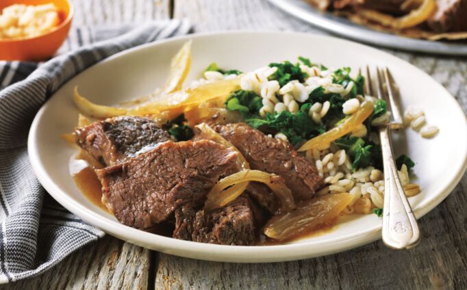 Horseradish-Braised Pot Roast with Barley & Kale