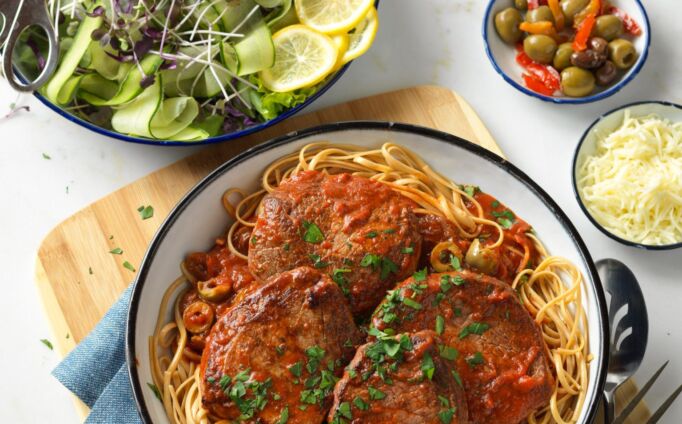 Mediterranean Steak & Pasta with Tomato-Olive Sauce