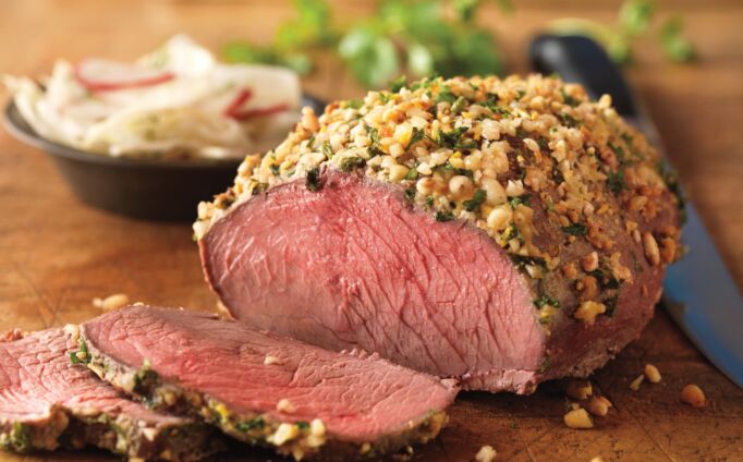 Nut-Crusted Top Sirloin Roast with Fennel-Radish Salad