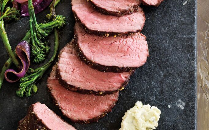 Peppered Top Sirloin Roast with Sautéed Broccolini