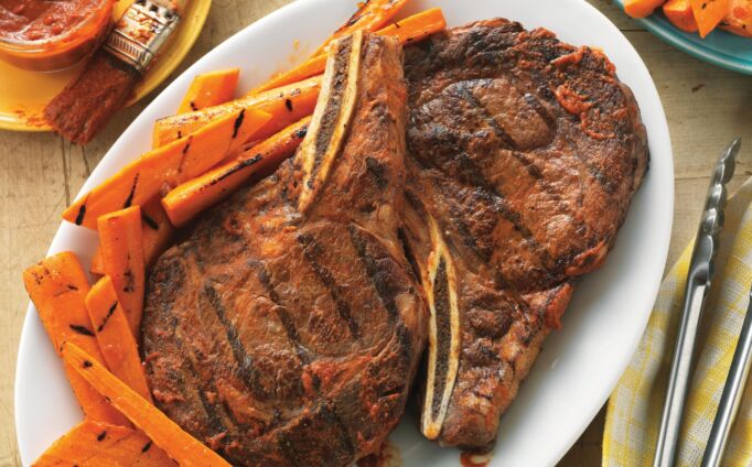 Spicy Ribeye Steaks with Ginger-Orange Grilled Carrots