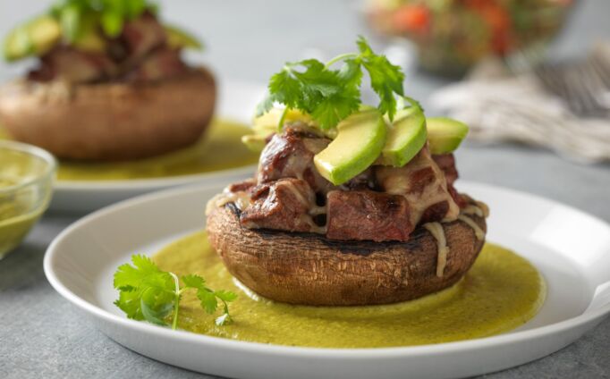 Steak-Stuffed Portobello with Creamy Poblano Sauce